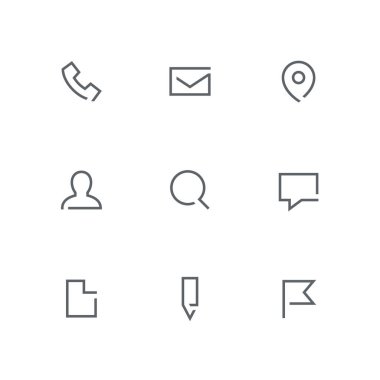 Açık anahat Icon set - telefon, zarf, adres işaretçisi, kişi, Büyüteç, sohbet, dosya, kalem ve bayrak simgesi. Kişiler ve iş vektör işaretleri.