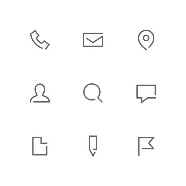 Açık anahat Icon set - telefon, zarf, adres işaretçisi, kişi, Büyüteç, sohbet, dosya, kalem ve bayrak simgesi. Kişiler ve iş vektör işaretleri.