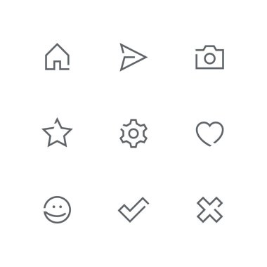 Açık anahat Icon set - ev, kağıt uçak, fotoğraf makinesi, yıldız, dişli çark, kalp, gülümsemek yüz, onay işareti ve haç sembolü. Internet, Web sitesi ve sosyal ağ vektör işaretleri.