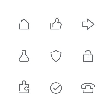 Açık anahat Icon set - ev, el, ok, tüp bebek, kalkan, kilit, bulmaca, onay işareti ve telefon simgesi. İş, vektör internet ve Güvenlik işaretleri.