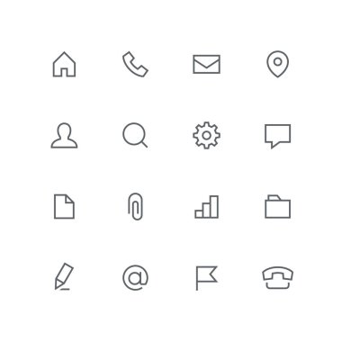 Ana anahat Icon set - ev, telefon, zarf, adres, adam, Büyüteç, dişli çark, sohbet, dosya, ataş, grafik, klasör, kalem, e-posta ve bayrak sembolü. Vektör işaretleri kişiler, office ve iş.