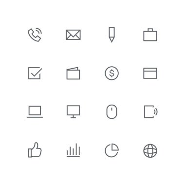 Ana anahat Icon set - telefon, posta, kalem, evrak çantası, onay işareti, cüzdan, Doları para, takvim, dizüstü, bilgisayar, fare, mobil, küre, grafik ve diyagram sembolü. İş ve iş vektör işaretleri.