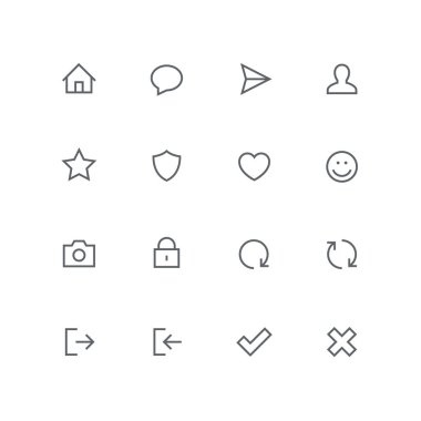 Ana anahat Icon set - ev, sohbet, uçak, adam, yıldız, kalkan, kalp, yüz, fotoğraf makinesi, kilit, onay işareti, çapraz, oturum açma, oturum kapatma ve yenileme sembolü. Internet vektör işaretleri.