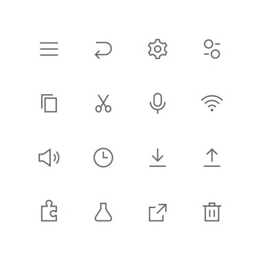 Ana anahat Icon set - menü, ok, dişli çark, anahtarı, dosya, makas, mikrofon, wi fi, hoparlör, saat, puzzle, tüp bebek, bağlantı ve sepet simgesi. Internet, sistem ve teknoloji vektör işaretleri.