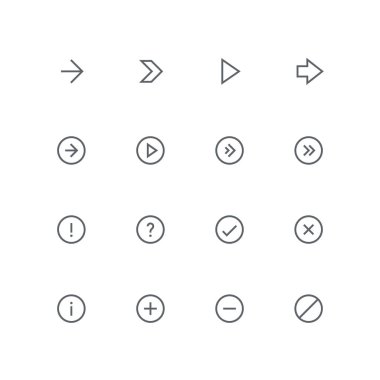 Ana anahat Icon set - oklar, ünlem işareti ve soru işareti, kene, çapraz, bilgi, artı, eksi ve sembolü silin. Farklı tasarım öğeleri ve vektör işaretleri.