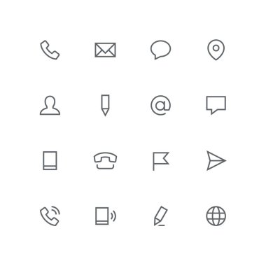 Ana anahat Icon set - telefon, zarf, sohbet, adres, adam, kalem, posta, ileti, mobil, bayrak, uçak ve küre sembolü. Kişiler ve iş vektör işaretleri.