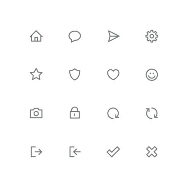 Kalın konturlu Icon set - ana sayfa, sohbet, uçak, dişli, star, kalkan, kalp, gülümsemek yüz, fotoğraf makinesi, kilit, onay işareti, çapraz, oturum açma, oturum kapatma ve yenileme sembolü. Internet ve sosyal ağ vektör işaretleri.