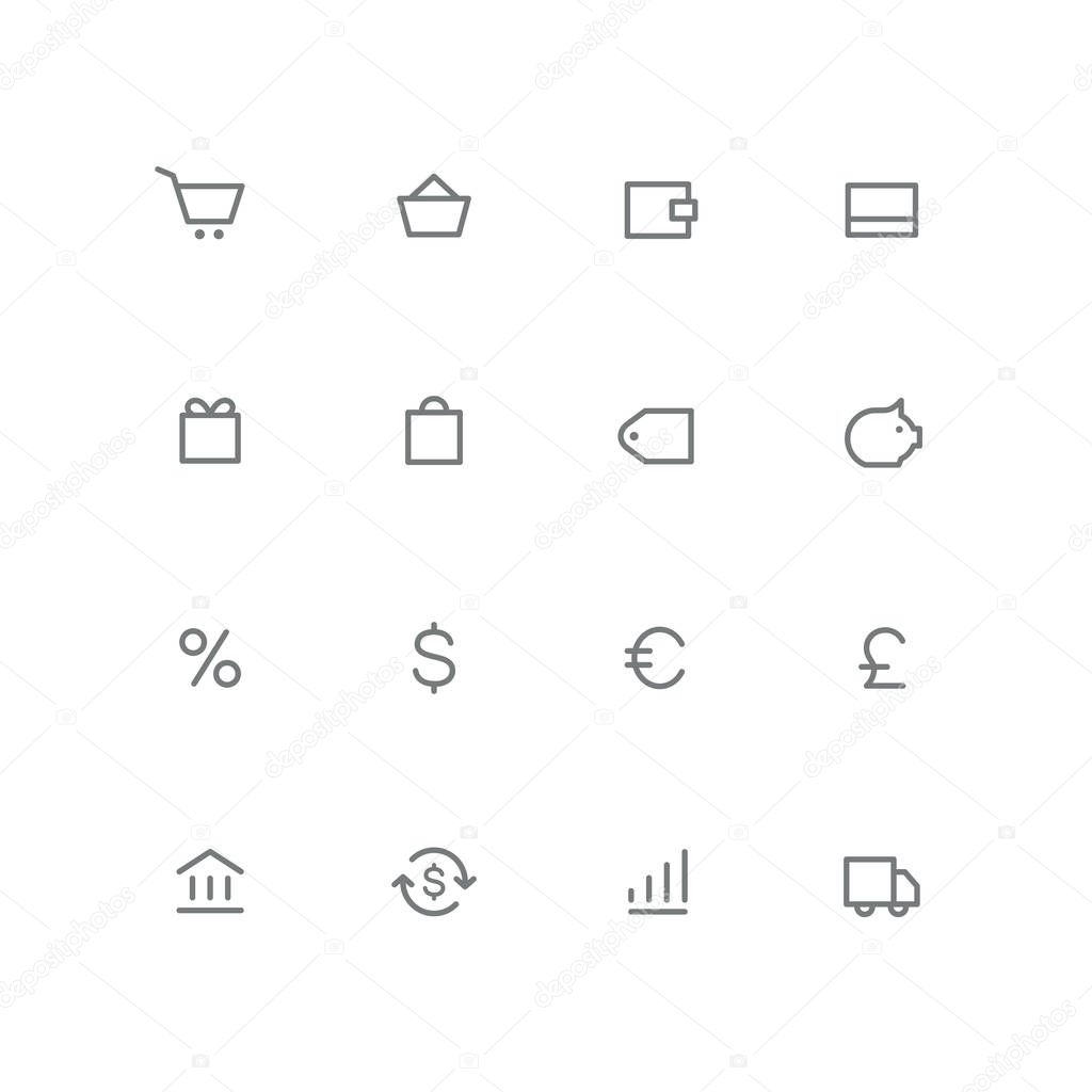 Bold outline icon set - shopping cart, basket, wallet, credit card, gift, bag, price, coin box, percent, bank, exchange, graph and car symbol. Finance, stock market, money and currency vector signs.