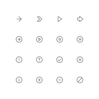 Kalın konturlu Icon set - oklar, ünlem işareti ve soru işareti, kene, çapraz, bilgi, artı, eksi ve sembolü silin. Farklı tasarım öğeleri ve vektör işaretleri.