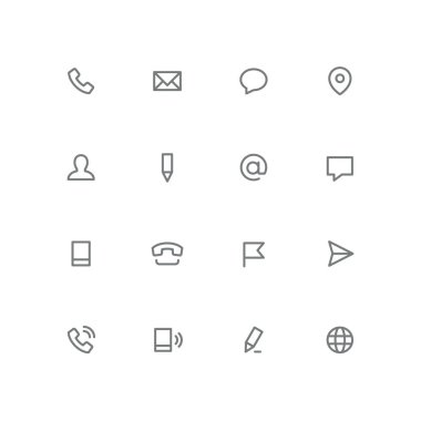 Kalın konturlu Icon set - telefon, zarf, sohbet, adres, adam, kalem, posta, ileti, mobil, bayrak, uçak ve küre sembolü. Kişiler ve iş vektör işaretleri.