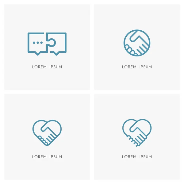 Juego Logotipos Trabajo Equipo Cooperación Puzzle Conversación Apretón Manos Símbolos — Archivo Imágenes Vectoriales