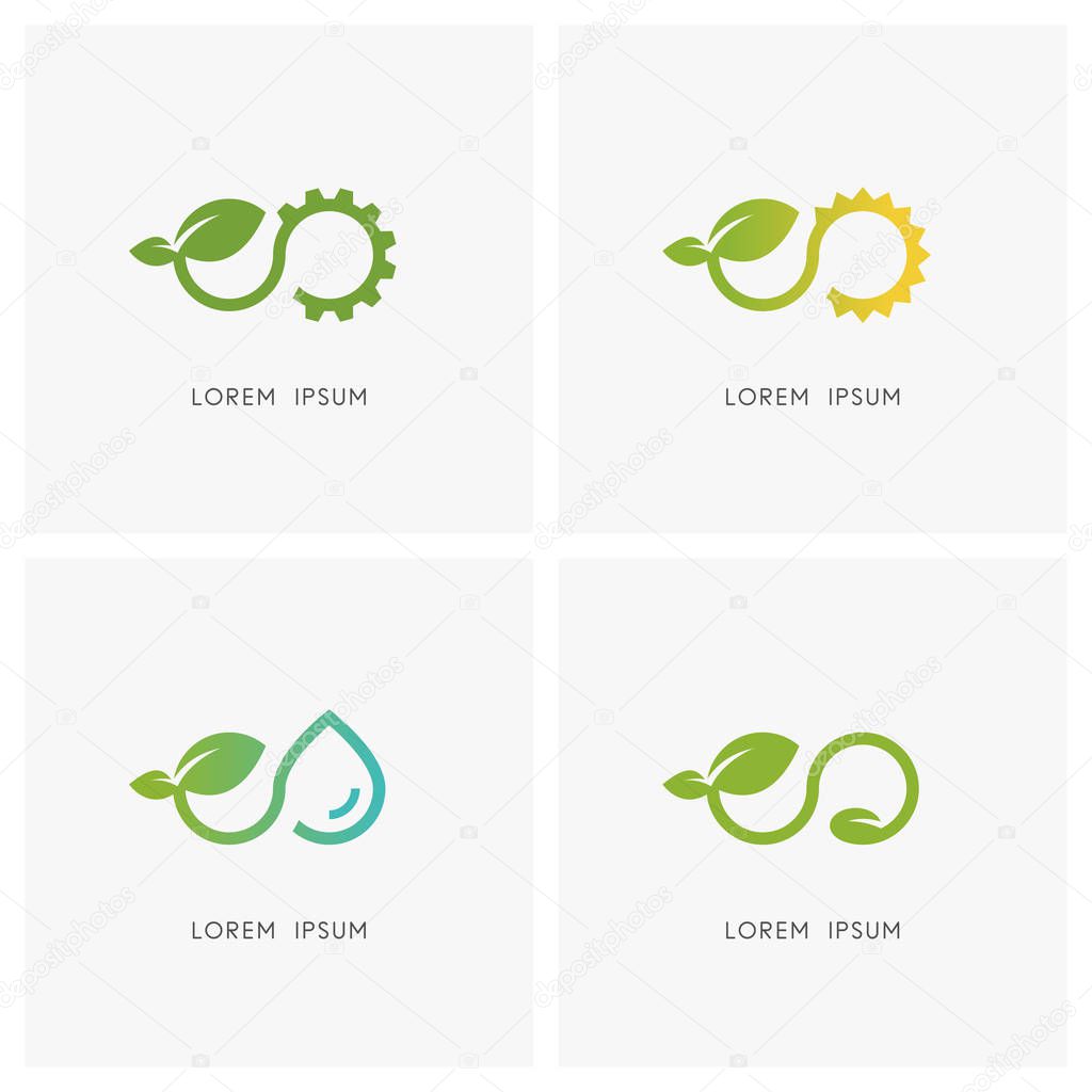 Infinity nature logo set. Plant or sprout with green leaves and gear wheel, sun, drop of water and seed symbol - ecology and industry, agriculture, environment and eternal life vector icons.