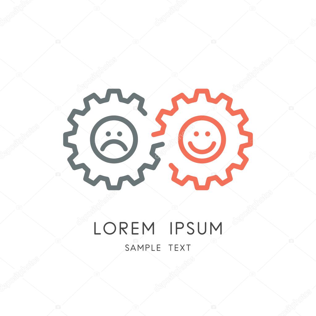 Mood change logo - couple of gear wheels with happy and sad faces, toothing and infinity symbol. Positive and negative emotions, glad and sorrow, fun and anger vector icon.