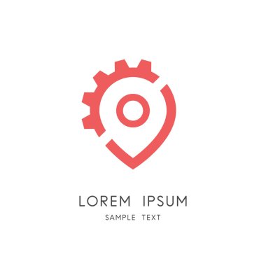 Yer ve dişli çark logosu - adres işaretçisi ve pinyon sembolü. Konumu ve yeri, araç bakım ve onarım vektör simgesi alışveriş.