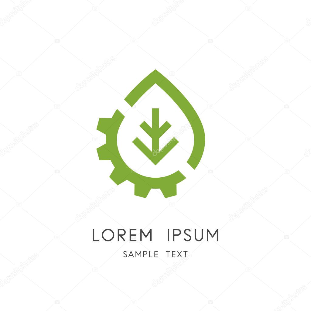 Leaf and gear wheel logo - plant and pinion symbol. Green power and alternative energy source, industry and nature, environment and ecology vector icon.