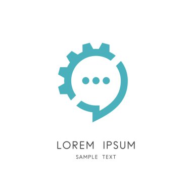 Sohbet ve dişli logo - konuşma balonu veya ileti tekerlek ve sembol pinyon. Konuşma teknolojisi, iş iletişimi ve etkili konuşma, yapıcı bir diyalog ve tartışma vektör simgesi.