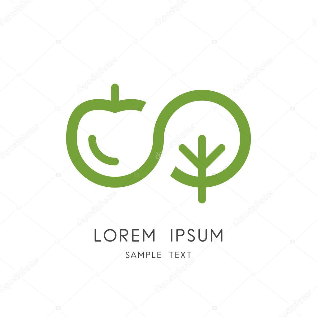 Infinity nature logo - apple, cherry or plum and tree symbol. Endless life, garden and orchard, fruit picking and harvesting vector icon.