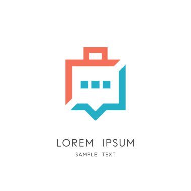 İş iletişim logo - evrak çantası ve sohbet sembolü. Konuşma, diyalog ve tartışma vektör simgesi.