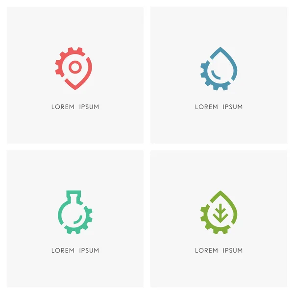 Zahnrad Logo Gesetzt Adresszeiger Wassertropfen Reagenzglas Grünes Blatt Und Ritzel — Stockvektor