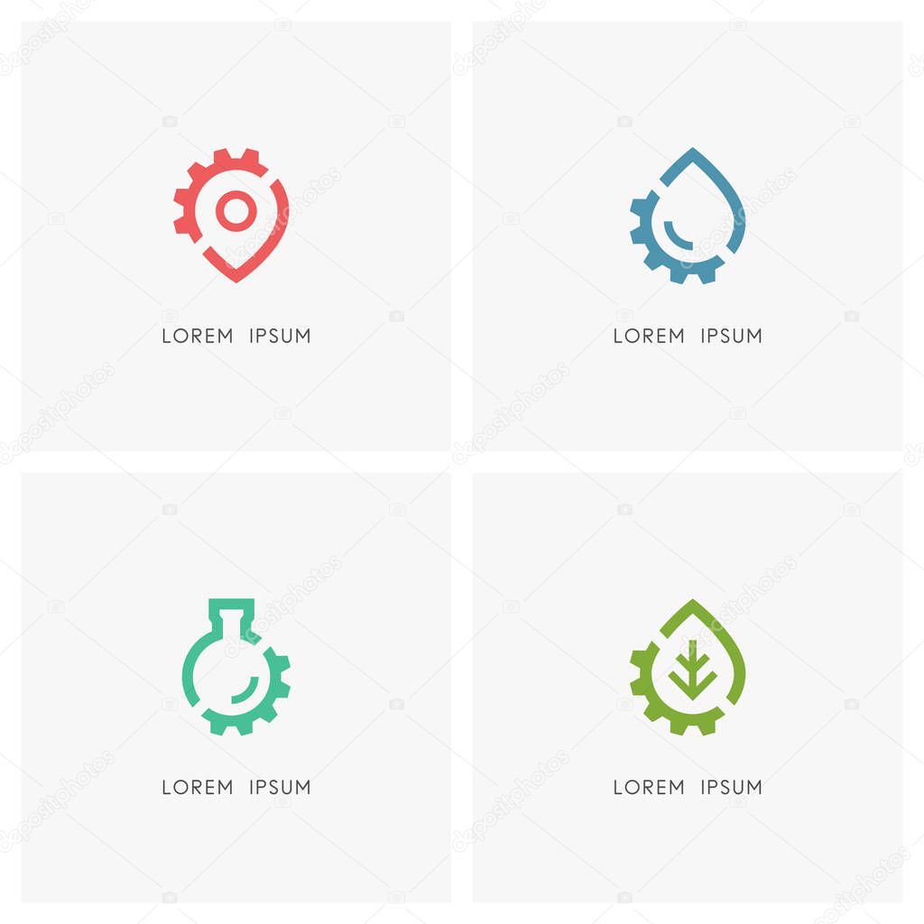 Gear wheel logo set. Address pointer, drop of water, test tube, green leaf and pinion symbol - place and position, hydro power and alternative energy, laboratory, industry and ecology icons.