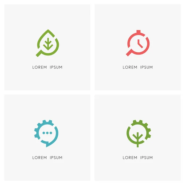 Zoek Gear Wheel Logo Set Groen Blad Klok Loep Vergrootglas — Stockvector