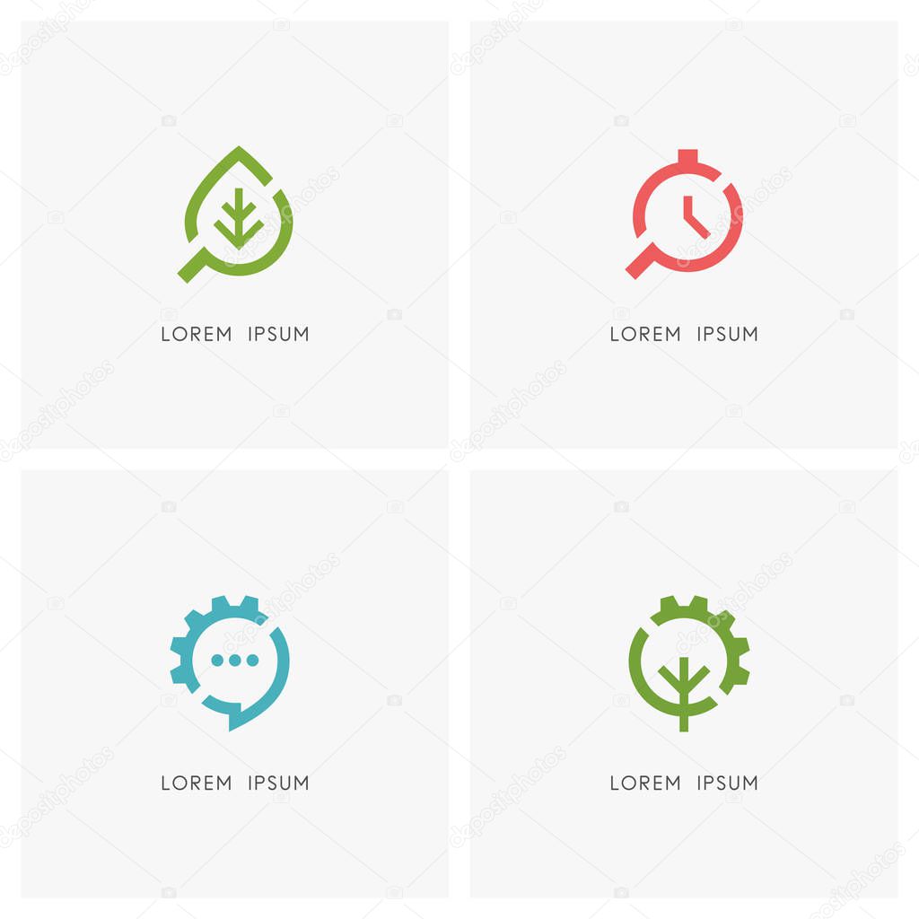 Search and gear wheel logo set. Green leaf, clock and loupe or magnifier, chat or message, tree and pinion symbol - industry, nature and ecology, time management and business communication icons.