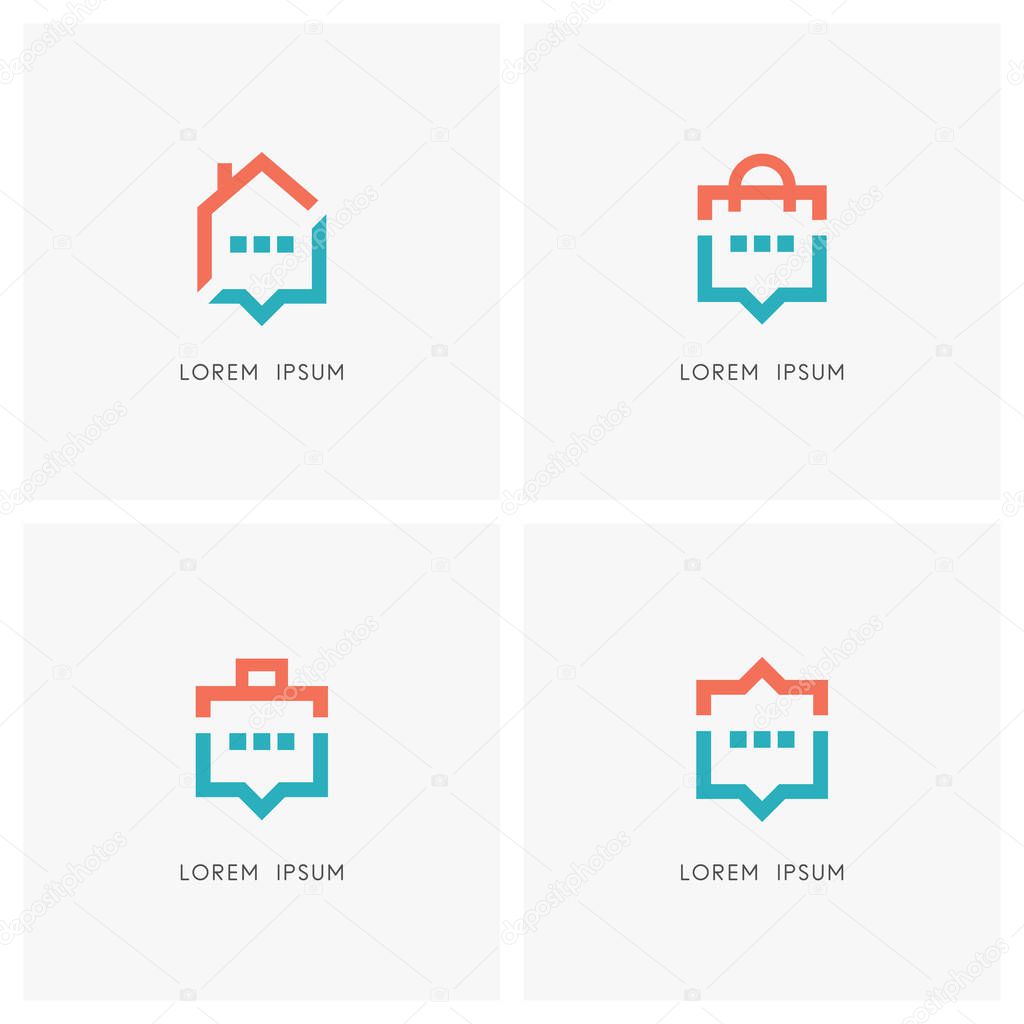 Talk logo set. Home or house, shopping bag, briefcase and chat or message symbol - dialogue and discussion, conversation and communication, real estate, business and sales management icons.