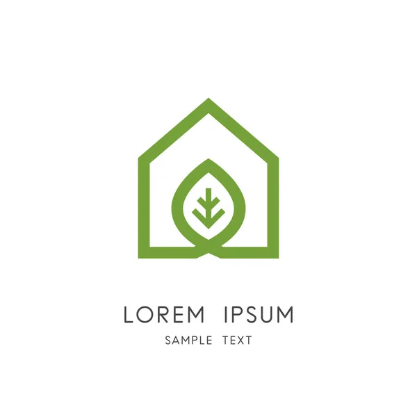 Groene Huis Logo Overzicht Huis Verse Blad Symbool Broeikasgassen Landbouw — Stockvector