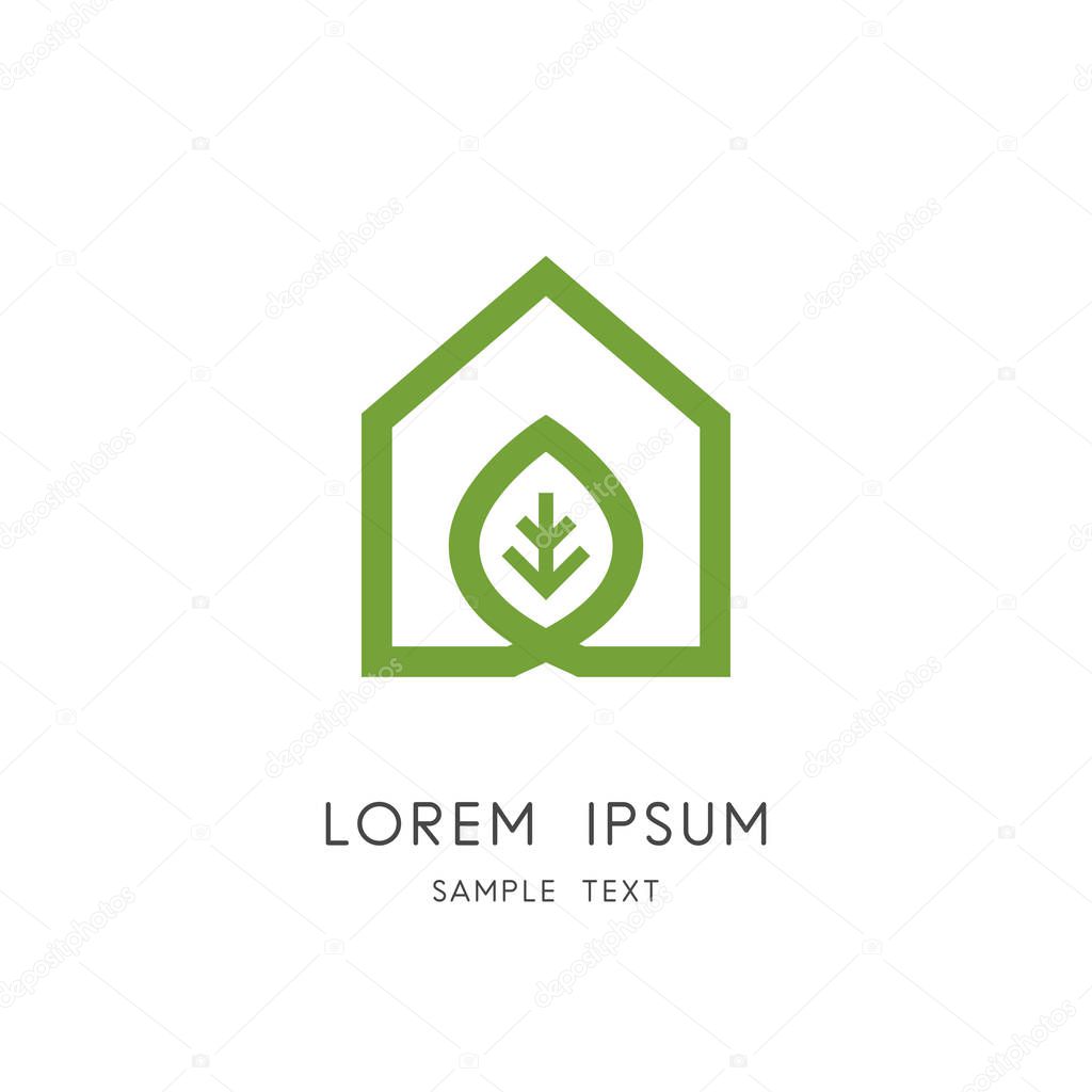 Green home logo - outline house and fresh leaf symbol. Greenhouse, agriculture and ecology vector icon.