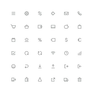 Toplam simge seti-menü, dişli, ok, posta, telefon, alışveriş sepeti, cüzdan, para kutusu, yüzde, gülümseme, bulmaca ve diğer semboller. Online mağaza, iş ve finans, internet ve Web sitesi Anahat vektör.
