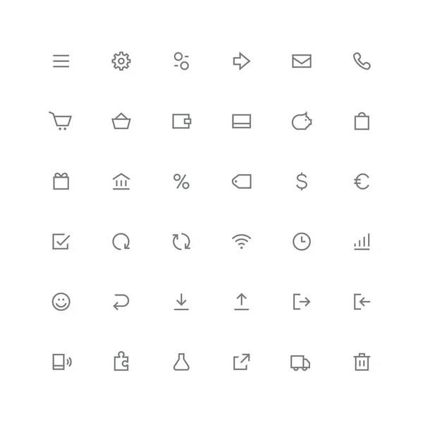 Toplam simge seti-menü, dişli, ok, posta, telefon, alışveriş sepeti, cüzdan, para kutusu, yüzde, gülümseme, bulmaca ve diğer semboller. Online mağaza, iş ve finans, internet ve Web sitesi Anahat vektör.