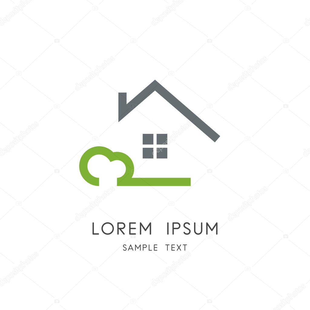 Green home symbol - grass and bush and cozy house with window and chimney on the roof. Eco and ecology, realty and real estate vector icon.