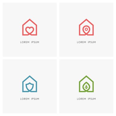 Ev anahat logo seti. Kalp, yer işareti, kalkan ve yeşil yaprak sembolü ile House - sevgi ve aile, adres işaretçisi, güvenlik ve güvenlik, tarım ve ekoloji simgeleri.