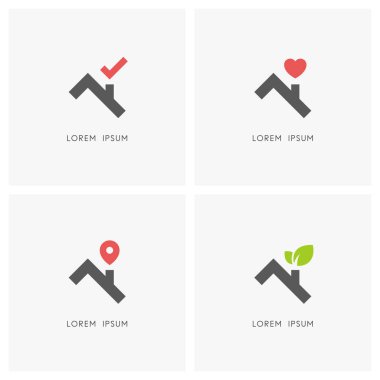Çatı logosu seti. Ev veya baca ile ev, onay işareti, kalp, yer işaretçisi ve yaprakları sembolü-gayrimenkul ve Realty, aşk ve Aile, ekoloji ve yeşil bina simgeleri.