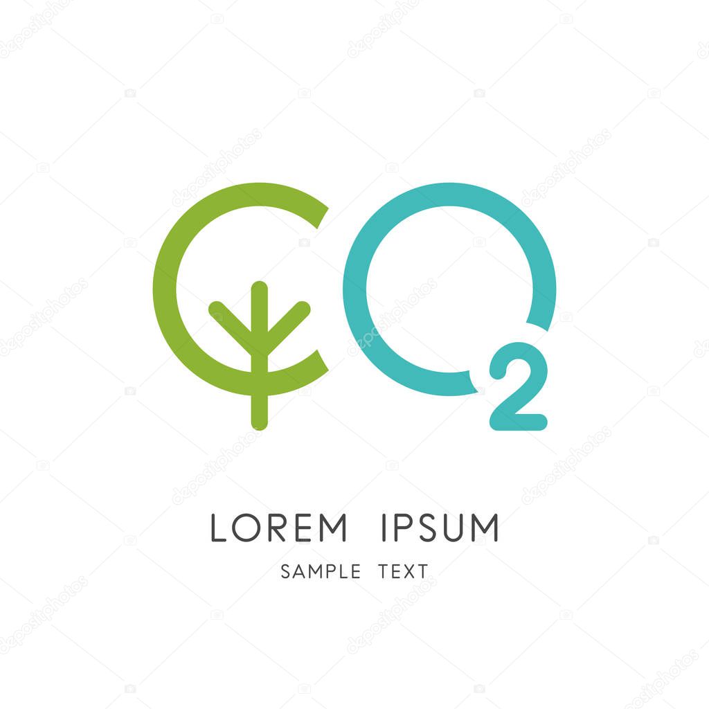 Carbon dioxide logo - green tree and oxygen symbol. Photosynthesis in nature vector icon.