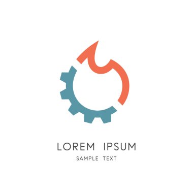 Yanmalı motor logosu - dişli tekerlek ve ateş veya alev sembolü. Makine mühendisliği ve sanayi vektör simgesi.