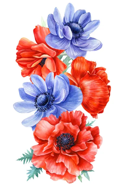 Bouquet di fiori, anemone, papavero su uno sfondo bianco isolato, acquerello, flora design — Foto Stock