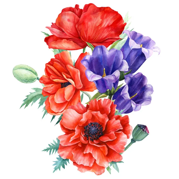 Bouquet di fiori, campane, papavero su uno sfondo bianco isolato, pittura ad acquerello, flora design — Foto Stock