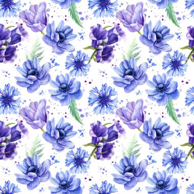 Çiçekler, çan çiçekleri, laleler, şakayıklar, pürüzsüz desenler, beyaz arka planda suluboya, renkli çiçekler.