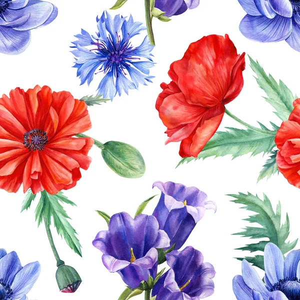 Papaveri, anemoni, fiordaliso, fiore di campana blu, modelli senza cuciture, disegno a mano ad acquerello, fiori colorati — Foto Stock