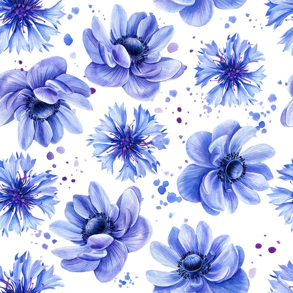 Modré květy, chrpa, sasanky, bezešvé květinové vzory, akvarel květinový design na bílém pozadí — Stock fotografie
