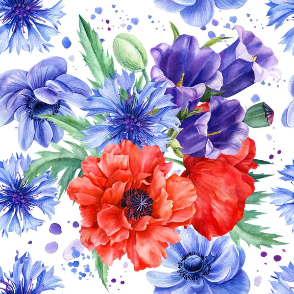 I fiori sono pronti. Papaveri, campanule, anemone, fiordaliso, sfondo bianco, illustrazione botanica, acquerello flora disegno — Foto Stock