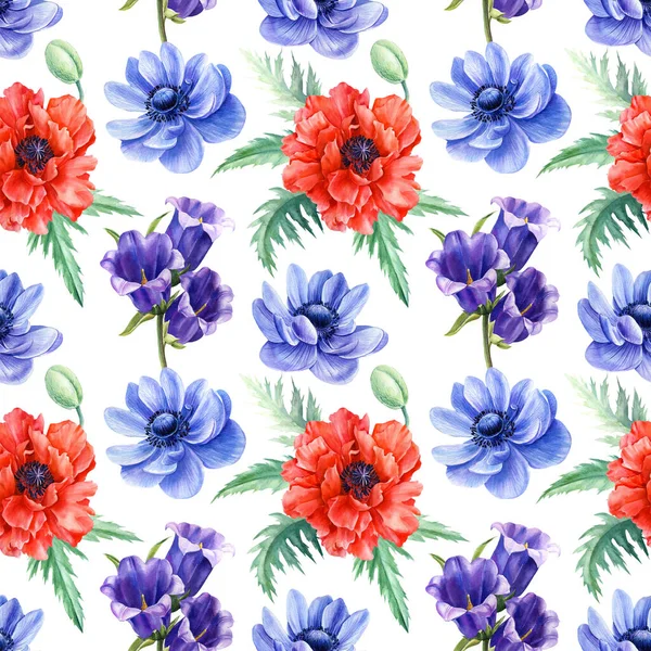 Vallmo, anemoner, blåklint, blå klockblomma, sömlösa mönster, akvarell handritning, färgglada blommor — Stockfoto