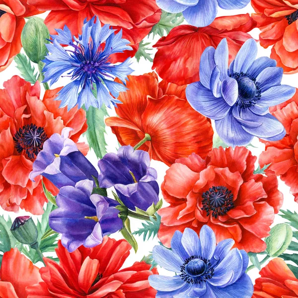 Amapolas, anémonas, aciano, flor de la campana azul, patrones sin costura, acuarela dibujo a mano, flores de colores —  Fotos de Stock