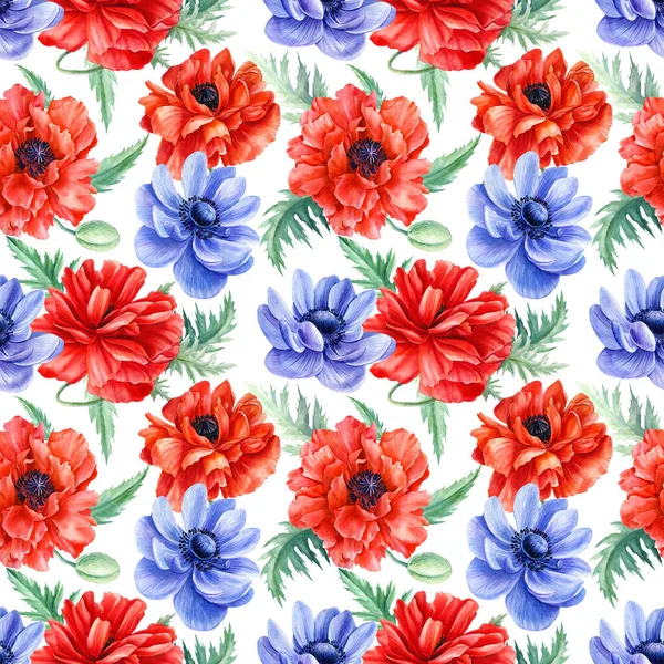 Sommarsömlösa mönster. Röda vallmo, blå anemoner, akvarell handritning, färgglada blommor — Stockfoto