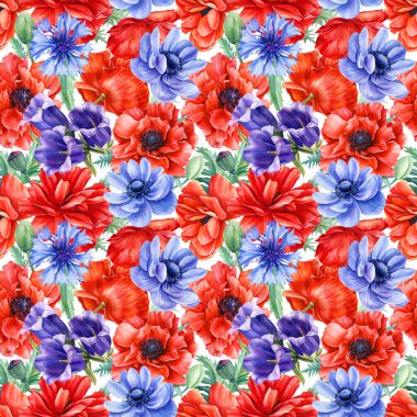 Gelincikler, şakayıklar, çiçek, mavi çan çiçekleri, pürüzsüz desenler, suluboya el çizimleri, renkli çiçekler.