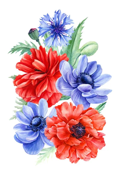 Bouquet di fiori, anemone, papavero, fiordaliso su uno sfondo bianco isolato, acquerello flora design — Foto Stock