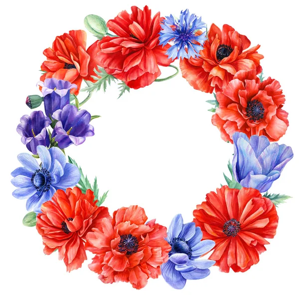 Flower wreath,, anemone, poppy, cornflower, blue bell on an isolated white background, watercolor flora design — Stock Photo, Image