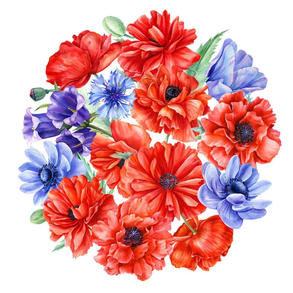 Διάταξη αγριολούλουδα, Μπουκέτο με λουλούδια, ανεμώνη, παπαρούνα, άνθη καλαμποκιού, μπλε καμπάνα, απομονωμένο φόντο, ακουαρέλα — Φωτογραφία Αρχείου