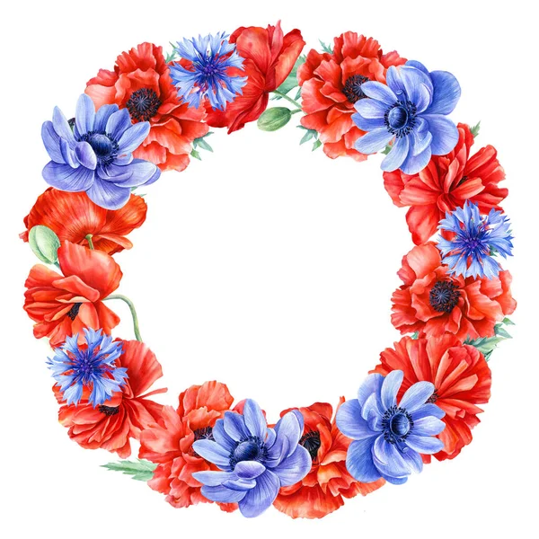Corona di fiori,, anemone, papavero, fiordaliso, campana blu su uno sfondo bianco isolato, acquerello flora disegno — Foto Stock